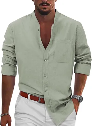 Linen Shirts for Men Business Dress T-Shirts Casual Button Shirts Stand Collar Beach Tees Long Sleeve Summer Tops