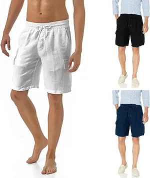 Linen Shorts for Men, Men's Casual Cotton Linen Shorts Elastic Waist Drawstring Summer Beach Golf Shorts with Pockets