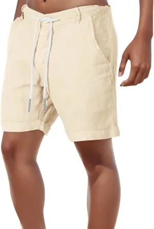 Linen Shorts for Men, Men's Casual Cotton Linen Shorts Elastic Waist Drawstring Summer Beach Golf Shorts with Pockets