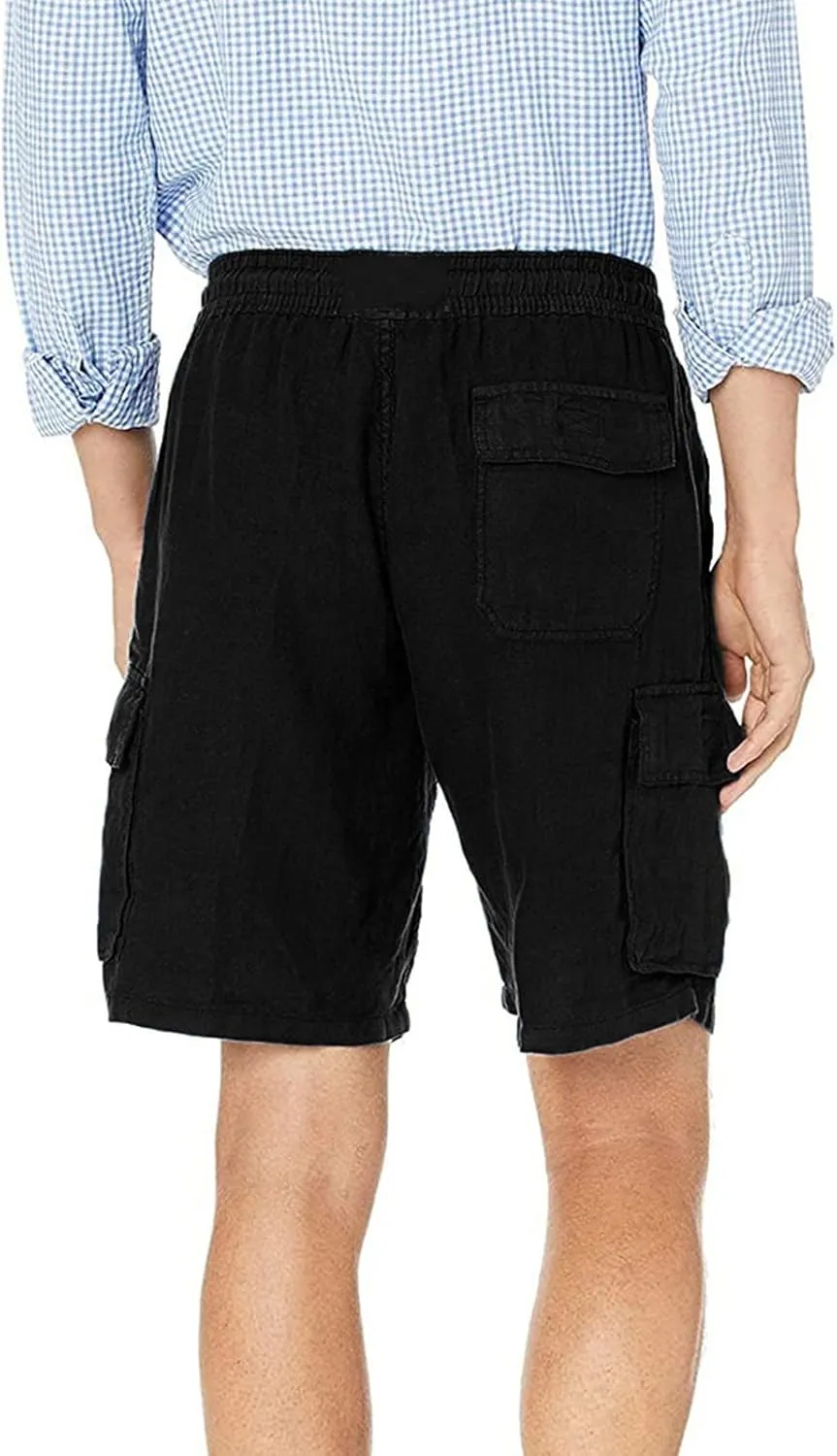Linen Shorts for Men, Men's Casual Cotton Linen Shorts Elastic Waist Drawstring Summer Beach Golf Shorts with Pockets