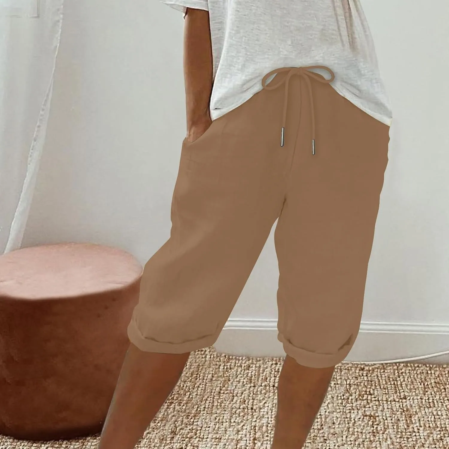 Linen Shorts for Women Knee Length Bermuda Shorts Drawstring Elastic Waist Summer Casual Gym Shorts with Pockets