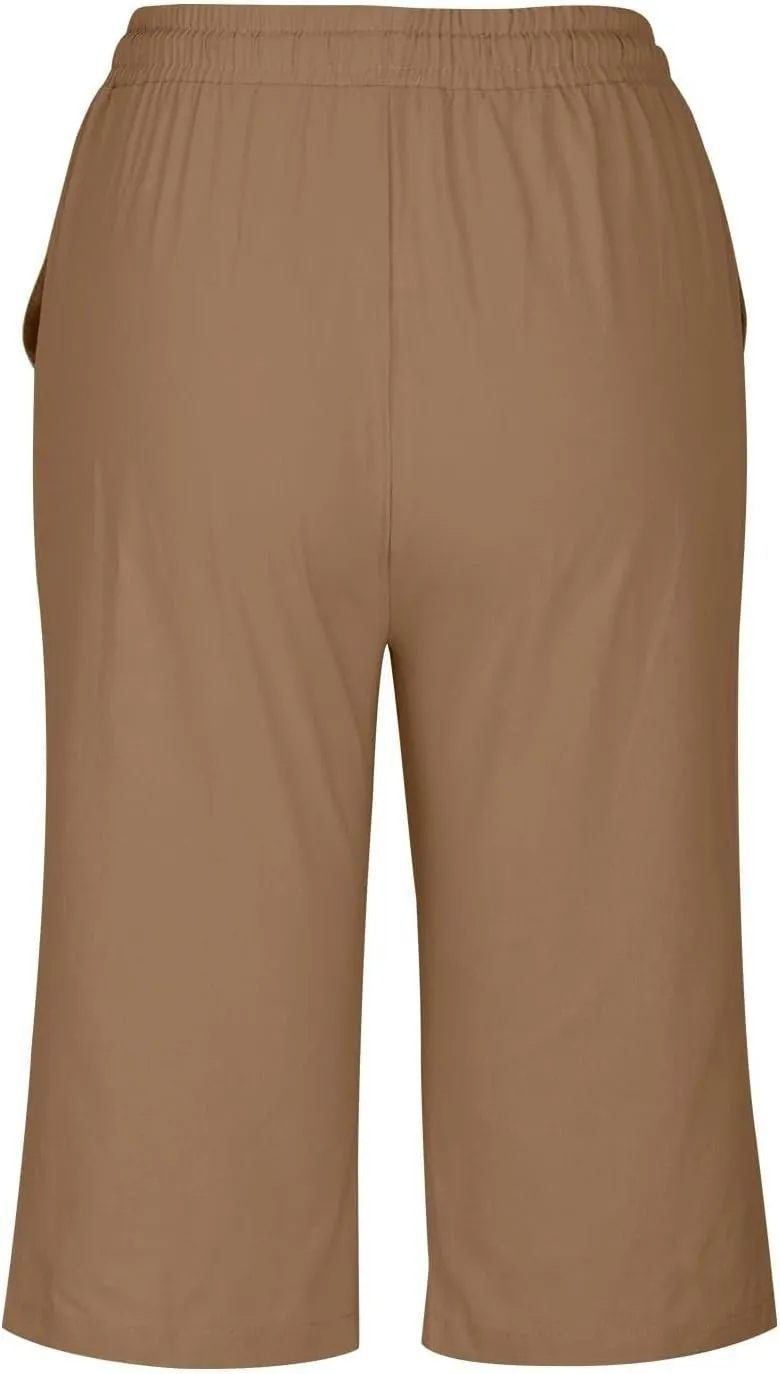 Linen Shorts for Women Knee Length Bermuda Shorts Drawstring Elastic Waist Summer Casual Gym Shorts with Pockets