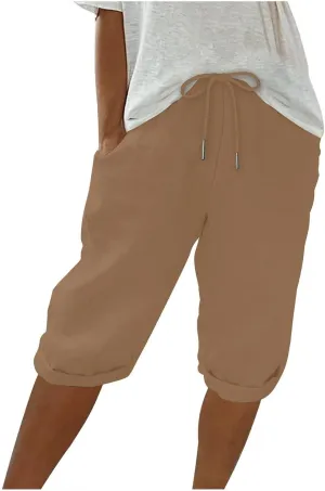 Linen Shorts for Women Knee Length Bermuda Shorts Drawstring Elastic Waist Summer Casual Gym Shorts with Pockets