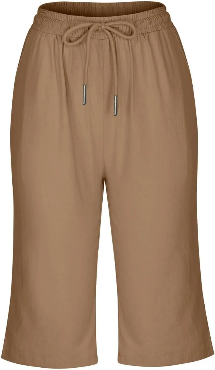 Linen Shorts for Women Knee Length Bermuda Shorts Drawstring Elastic Waist Summer Casual Gym Shorts with Pockets