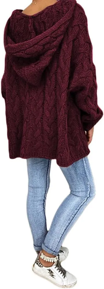 LOAIHA Womens Hooded Sweater Chunky Cable Knit Pullover Hooded Sweaters V Neck Long Sleeve Loose Hoodies Pullover