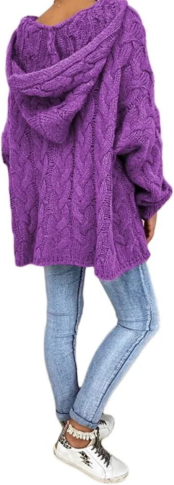 LOAIHA Womens Hooded Sweater Chunky Cable Knit Pullover Hooded Sweaters V Neck Long Sleeve Loose Hoodies Pullover