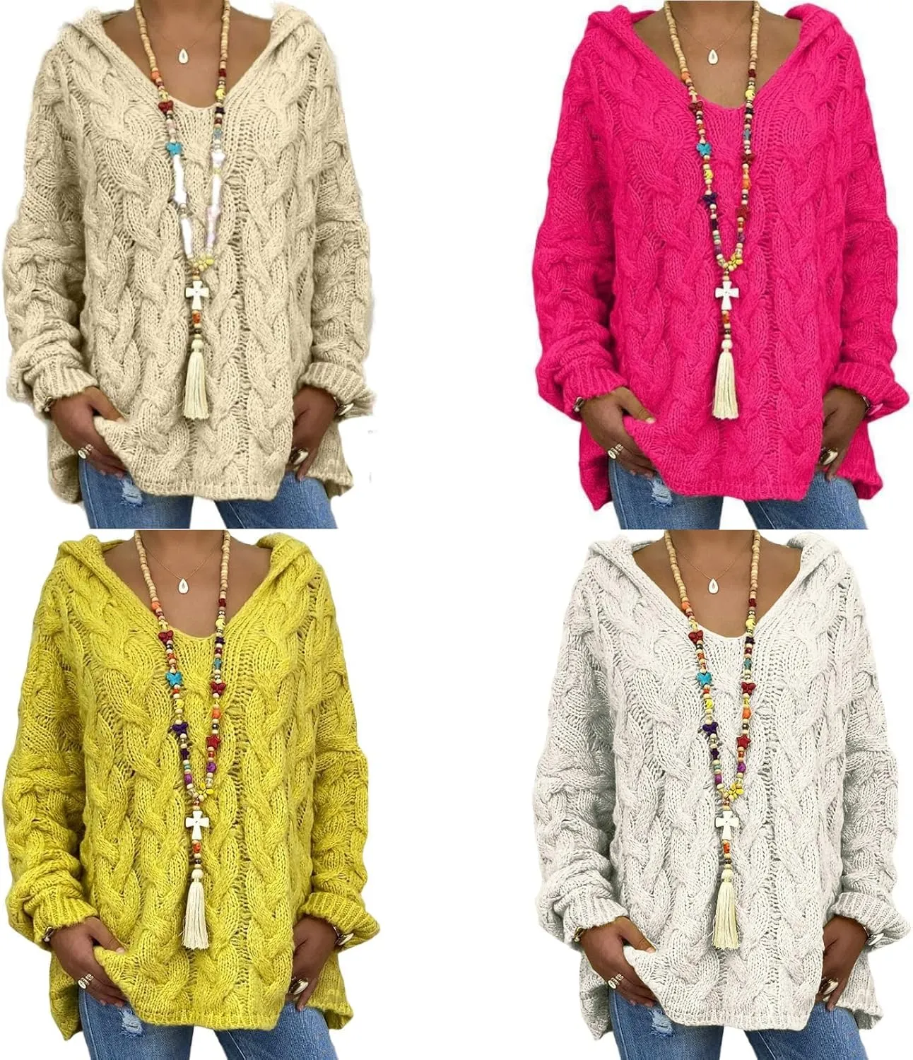 LOAIHA Womens Hooded Sweater Chunky Cable Knit Pullover Hooded Sweaters V Neck Long Sleeve Loose Hoodies Pullover
