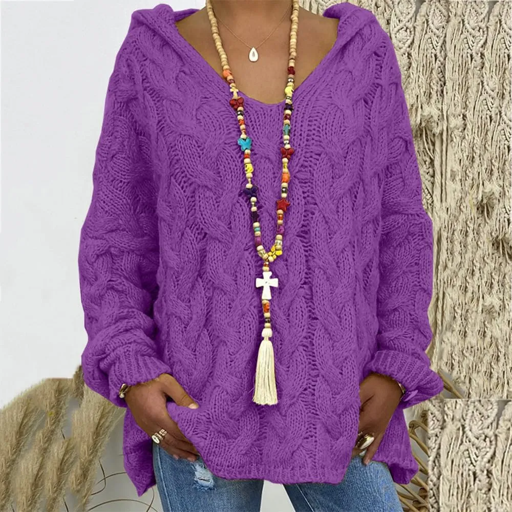 LOAIHA Womens Hooded Sweater Chunky Cable Knit Pullover Hooded Sweaters V Neck Long Sleeve Loose Hoodies Pullover
