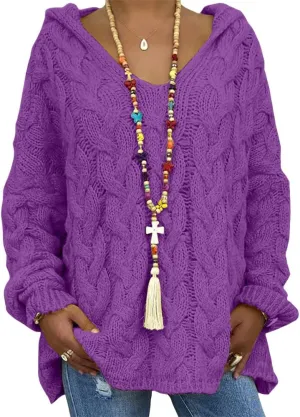 LOAIHA Womens Hooded Sweater Chunky Cable Knit Pullover Hooded Sweaters V Neck Long Sleeve Loose Hoodies Pullover