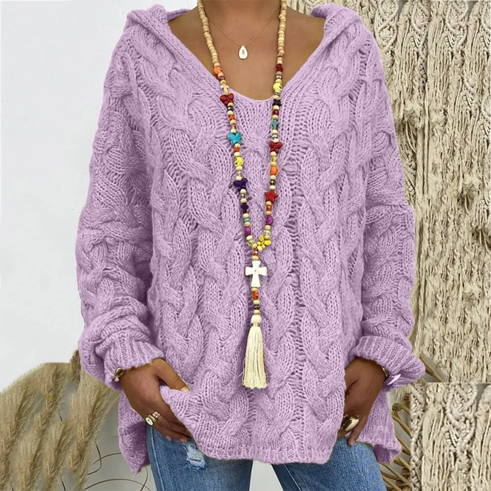 LOAIHA Womens Hooded Sweater Chunky Cable Knit Pullover Hooded Sweaters V Neck Long Sleeve Loose Hoodies Pullover