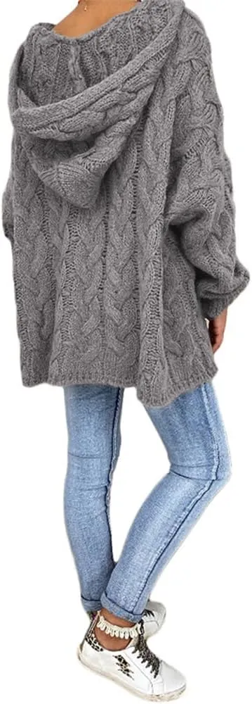 LOAIHA Womens Hooded Sweater Chunky Cable Knit Pullover Hooded Sweaters V Neck Long Sleeve Loose Hoodies Pullover