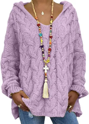 LOAIHA Womens Hooded Sweater Chunky Cable Knit Pullover Hooded Sweaters V Neck Long Sleeve Loose Hoodies Pullover