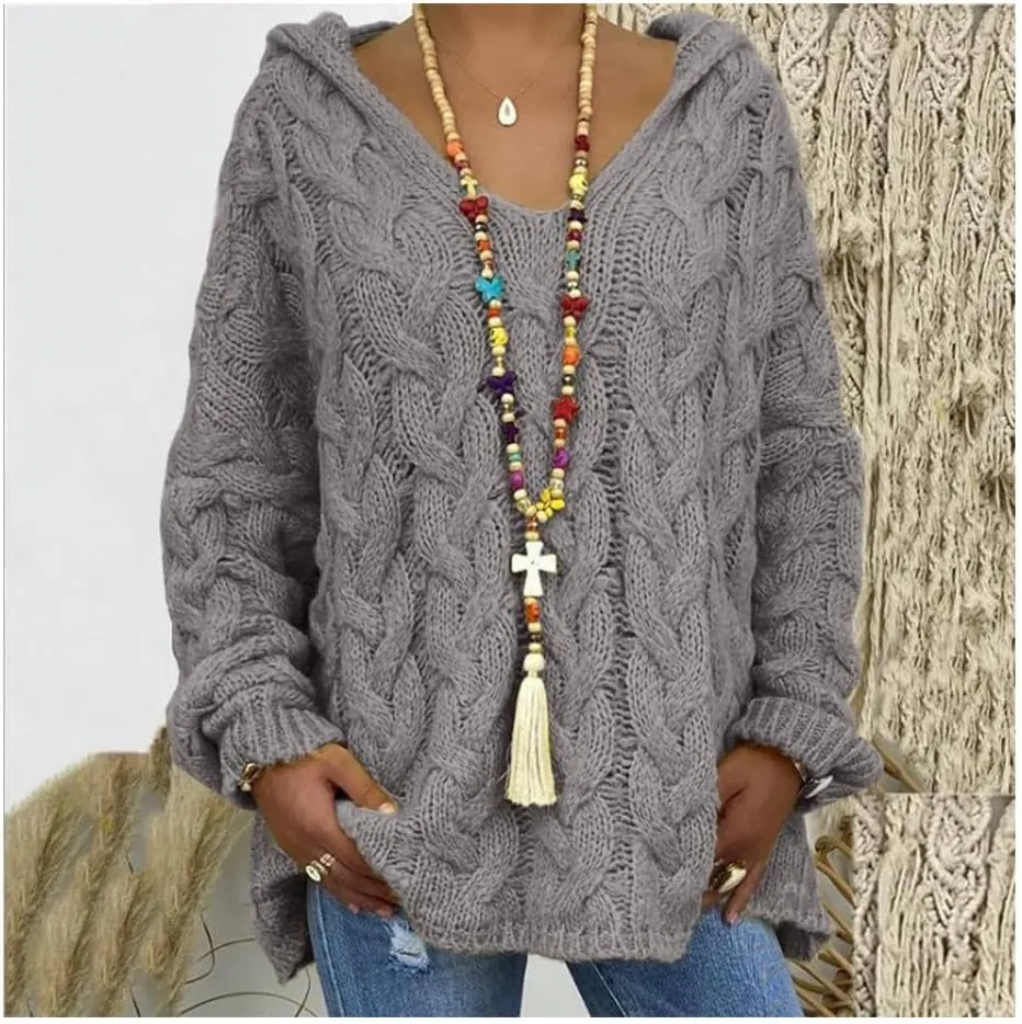 LOAIHA Womens Hooded Sweater Chunky Cable Knit Pullover Hooded Sweaters V Neck Long Sleeve Loose Hoodies Pullover