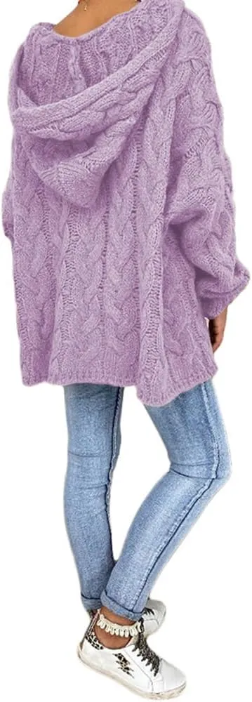 LOAIHA Womens Hooded Sweater Chunky Cable Knit Pullover Hooded Sweaters V Neck Long Sleeve Loose Hoodies Pullover