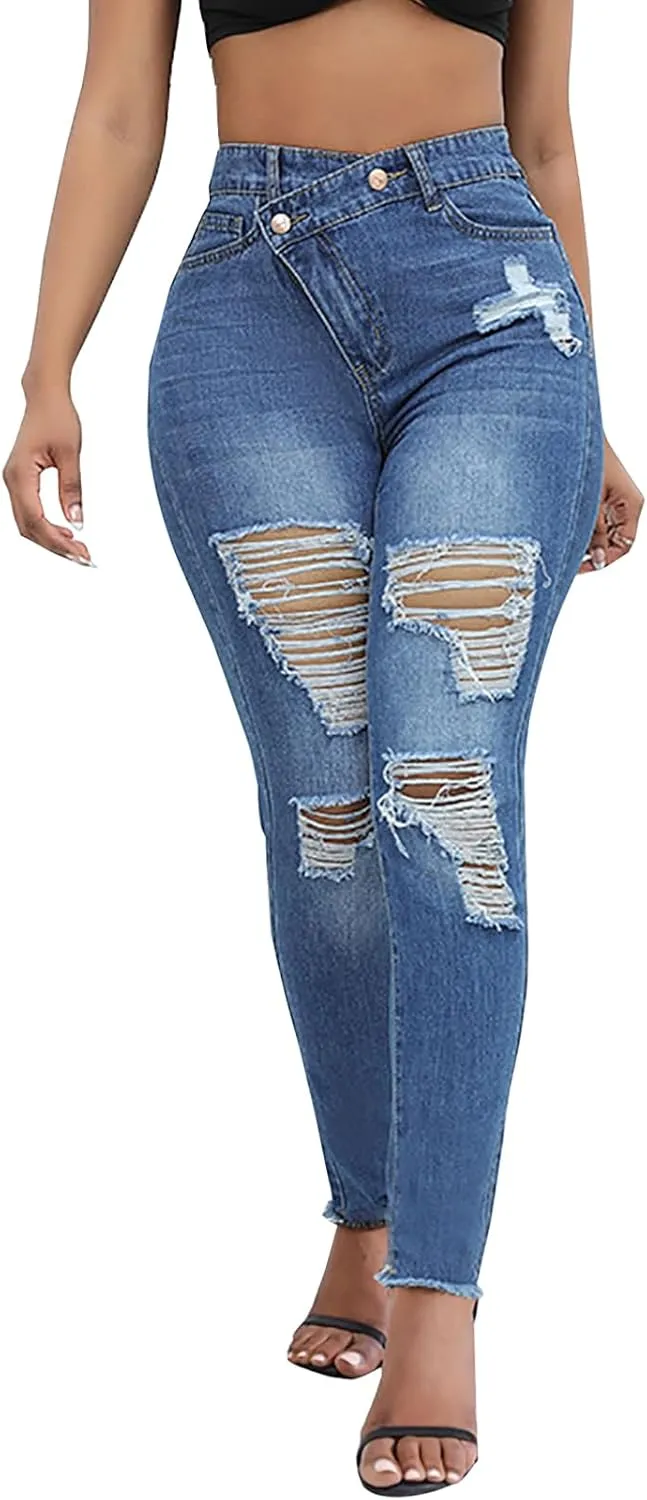 LONGBIDA Ripped Jeans for Women Trendy High Waisted Sexy Butt Lift Skinny Stretch Denim Pants