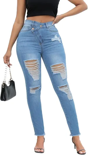 LONGBIDA Ripped Jeans for Women Trendy High Waisted Sexy Butt Lift Skinny Stretch Denim Pants