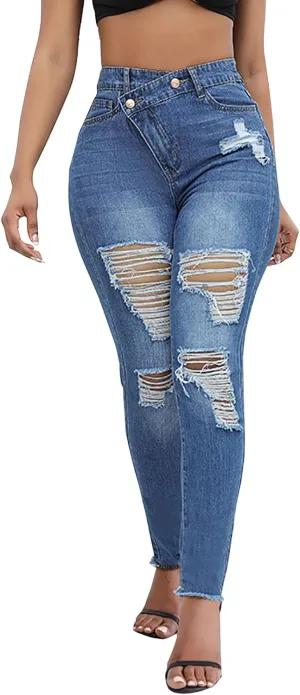 LONGBIDA Ripped Jeans for Women Trendy High Waisted Sexy Butt Lift Skinny Stretch Denim Pants