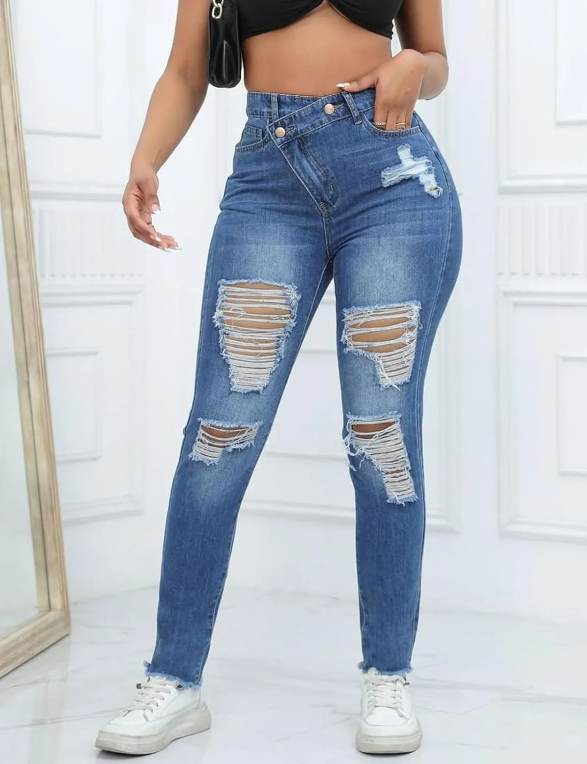 LONGBIDA Ripped Jeans for Women Trendy High Waisted Sexy Butt Lift Skinny Stretch Denim Pants
