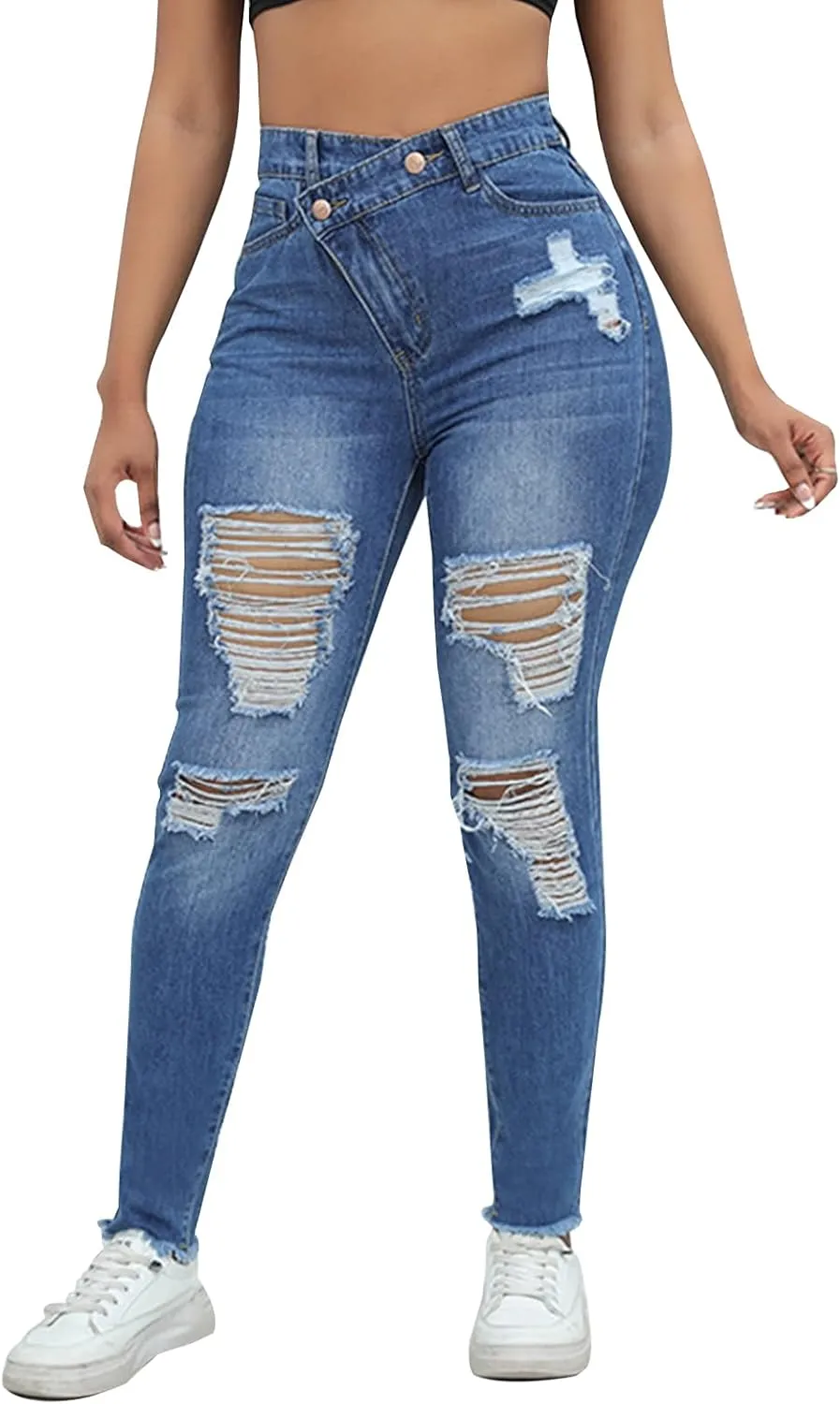 LONGBIDA Ripped Jeans for Women Trendy High Waisted Sexy Butt Lift Skinny Stretch Denim Pants