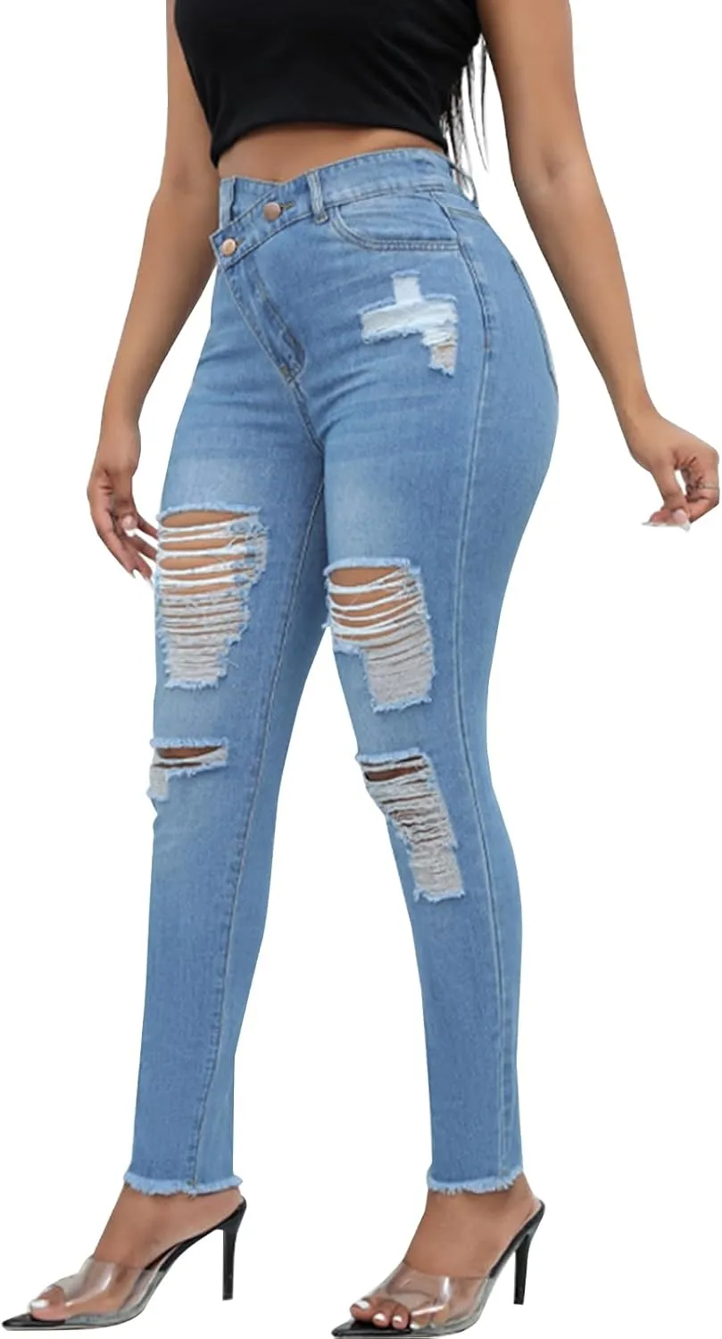 LONGBIDA Ripped Jeans for Women Trendy High Waisted Sexy Butt Lift Skinny Stretch Denim Pants