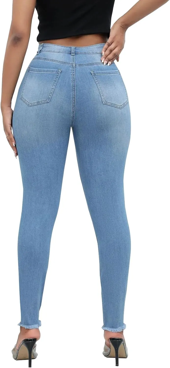 LONGBIDA Ripped Jeans for Women Trendy High Waisted Sexy Butt Lift Skinny Stretch Denim Pants