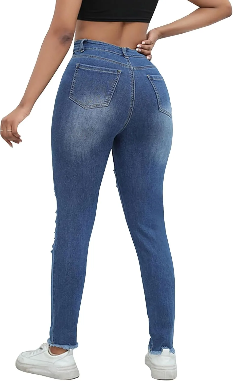 LONGBIDA Ripped Jeans for Women Trendy High Waisted Sexy Butt Lift Skinny Stretch Denim Pants