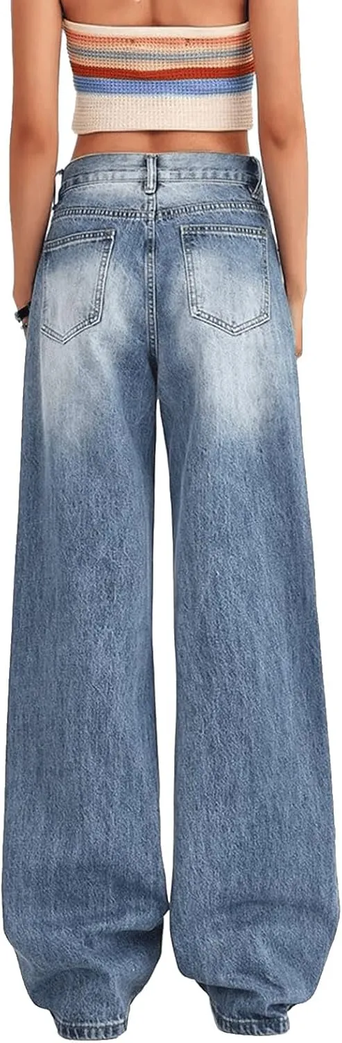 Low Rise Baggy Jeans for Women Y2K Straight Wide Leg Denim Pants Casual Loose Boyfriend Jean Trouser
