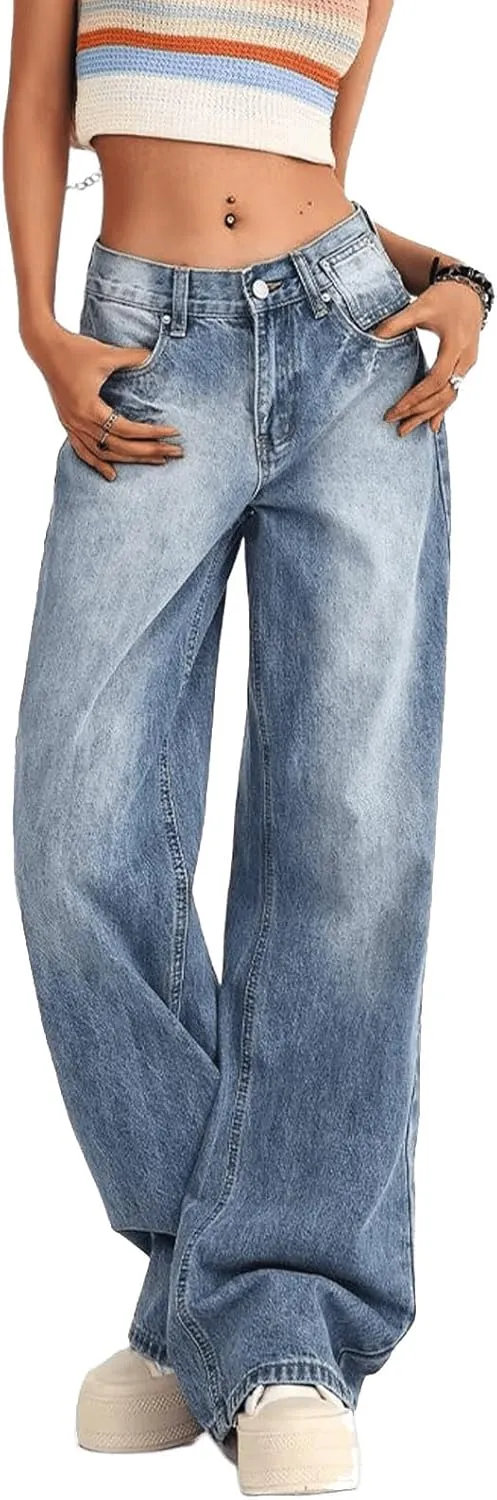 Low Rise Baggy Jeans for Women Y2K Straight Wide Leg Denim Pants Casual Loose Boyfriend Jean Trouser