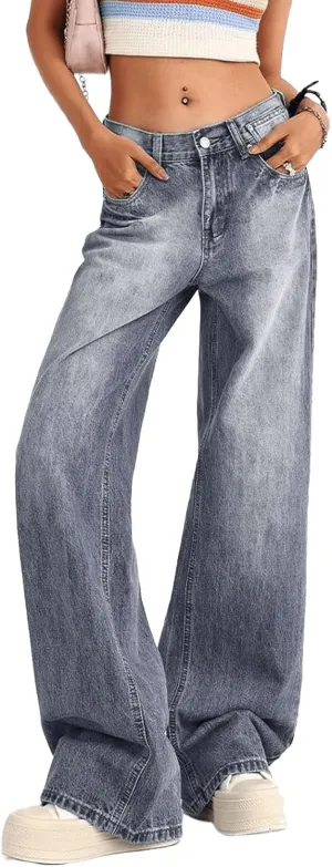 Low Rise Baggy Jeans for Women Y2K Straight Wide Leg Denim Pants Casual Loose Boyfriend Jean Trouser