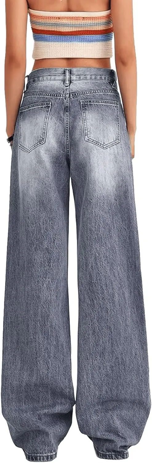 Low Rise Baggy Jeans for Women Y2K Straight Wide Leg Denim Pants Casual Loose Boyfriend Jean Trouser