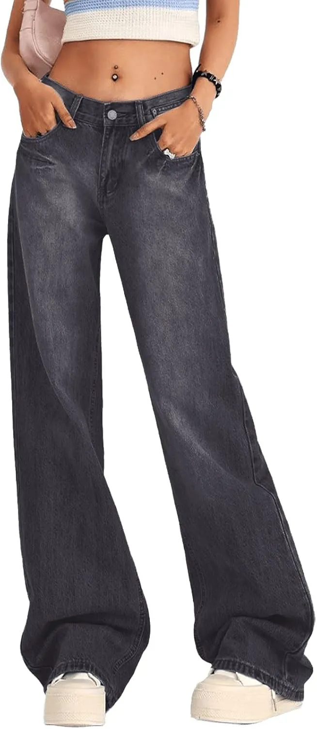 Low Rise Baggy Jeans for Women Y2K Straight Wide Leg Denim Pants Casual Loose Boyfriend Jean Trouser
