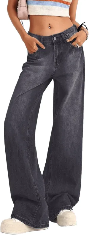 Low Rise Baggy Jeans for Women Y2K Straight Wide Leg Denim Pants Casual Loose Boyfriend Jean Trouser