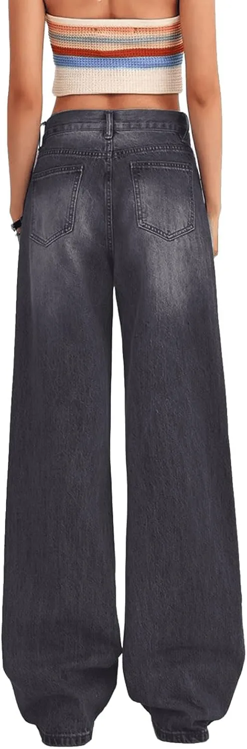 Low Rise Baggy Jeans for Women Y2K Straight Wide Leg Denim Pants Casual Loose Boyfriend Jean Trouser