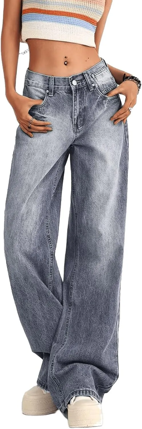 Low Rise Baggy Jeans for Women Y2K Straight Wide Leg Denim Pants Casual Loose Boyfriend Jean Trouser