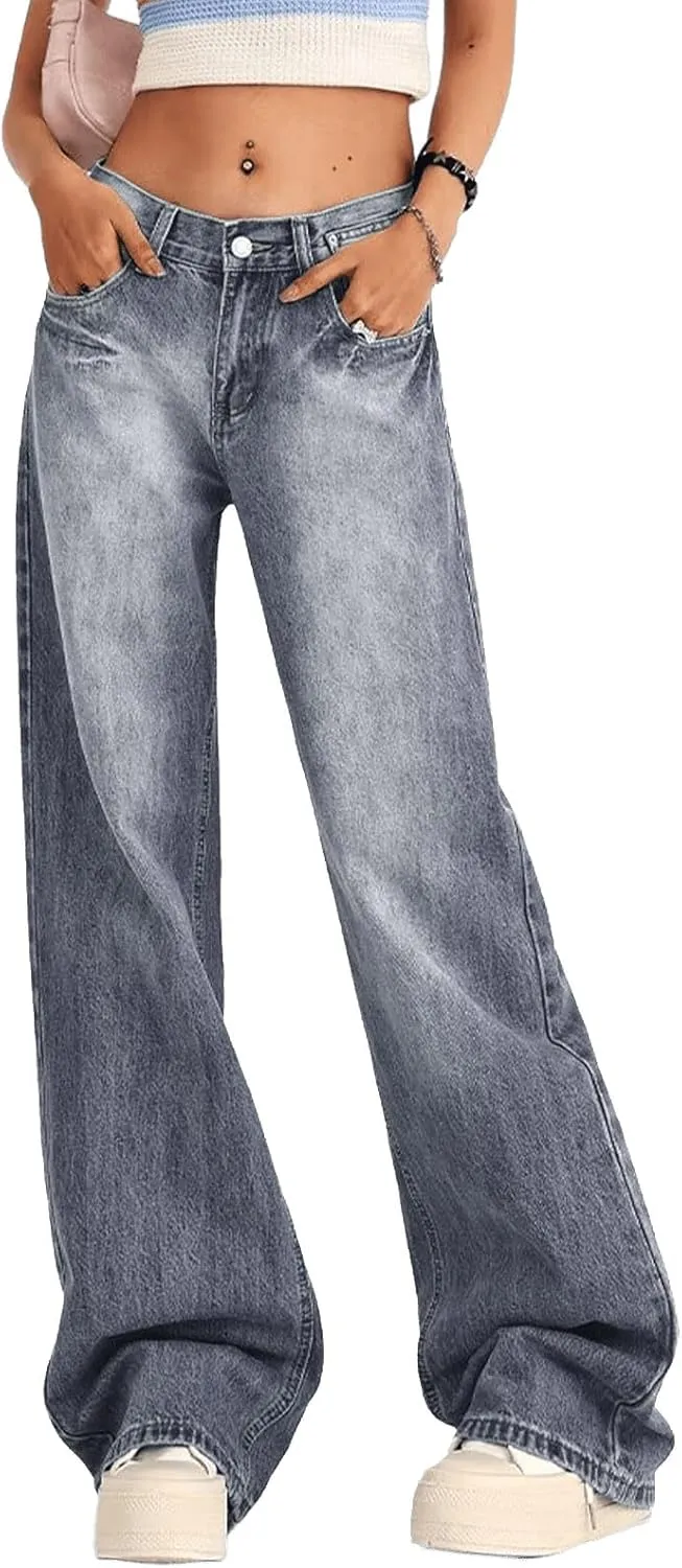 Low Rise Baggy Jeans for Women Y2K Straight Wide Leg Denim Pants Casual Loose Boyfriend Jean Trouser