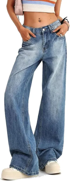Low Rise Baggy Jeans for Women Y2K Straight Wide Leg Denim Pants Casual Loose Boyfriend Jean Trouser