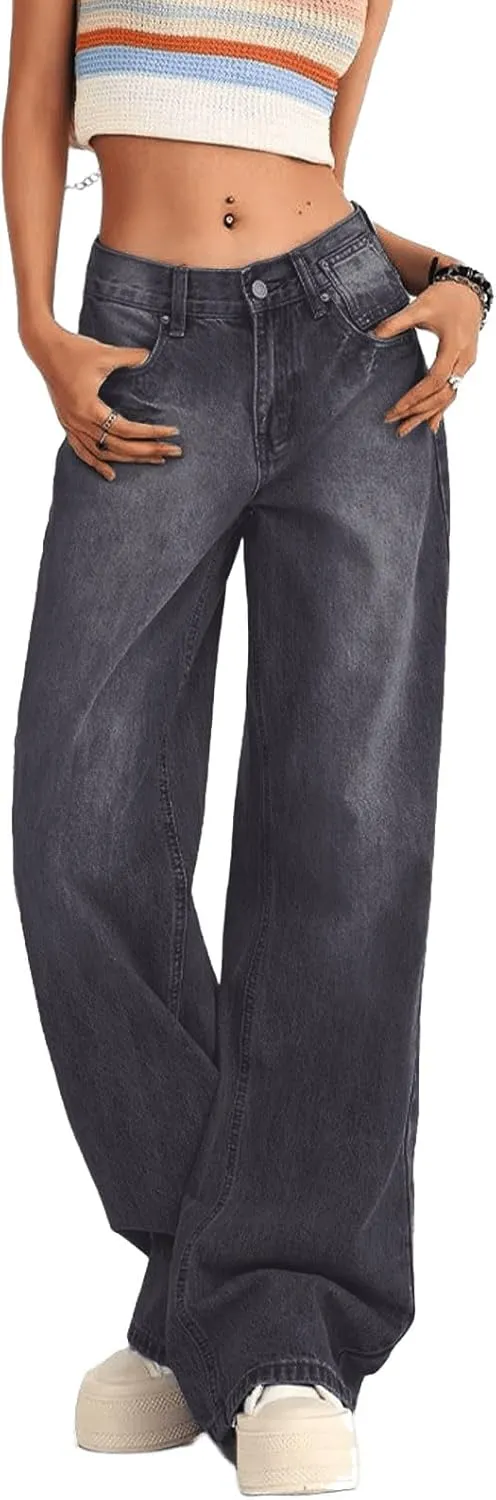 Low Rise Baggy Jeans for Women Y2K Straight Wide Leg Denim Pants Casual Loose Boyfriend Jean Trouser