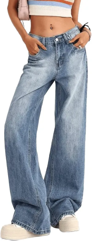 Low Rise Baggy Jeans for Women Y2K Straight Wide Leg Denim Pants Casual Loose Boyfriend Jean Trouser