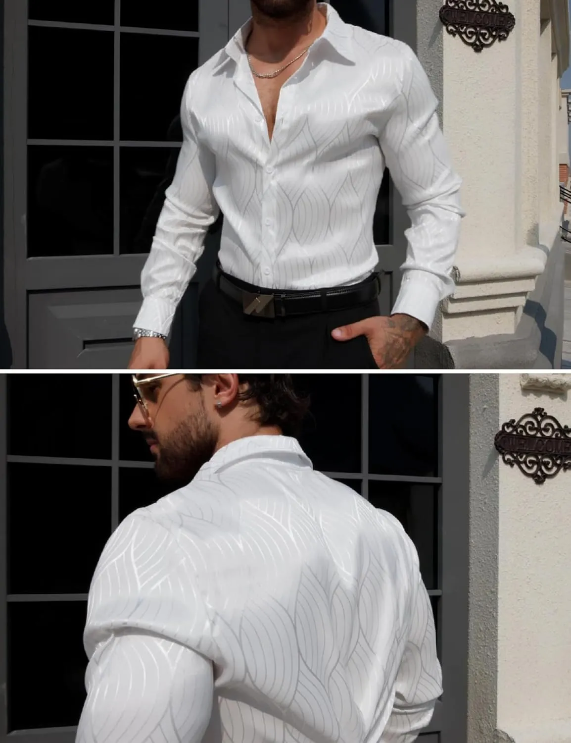 Men Metallic Satin Dress Shirt Luxury Jacquard Long Sleeve Casual Button Down Shirts Silk Shirts