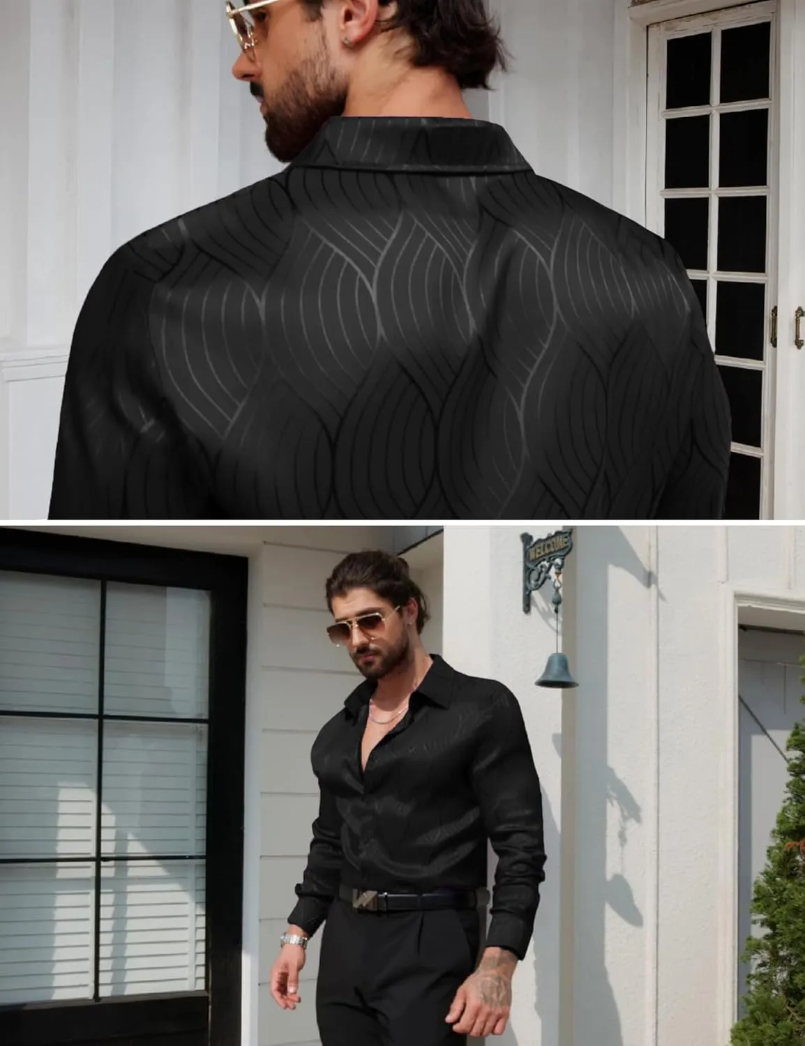Men Metallic Satin Dress Shirt Luxury Jacquard Long Sleeve Casual Button Down Shirts Silk Shirts