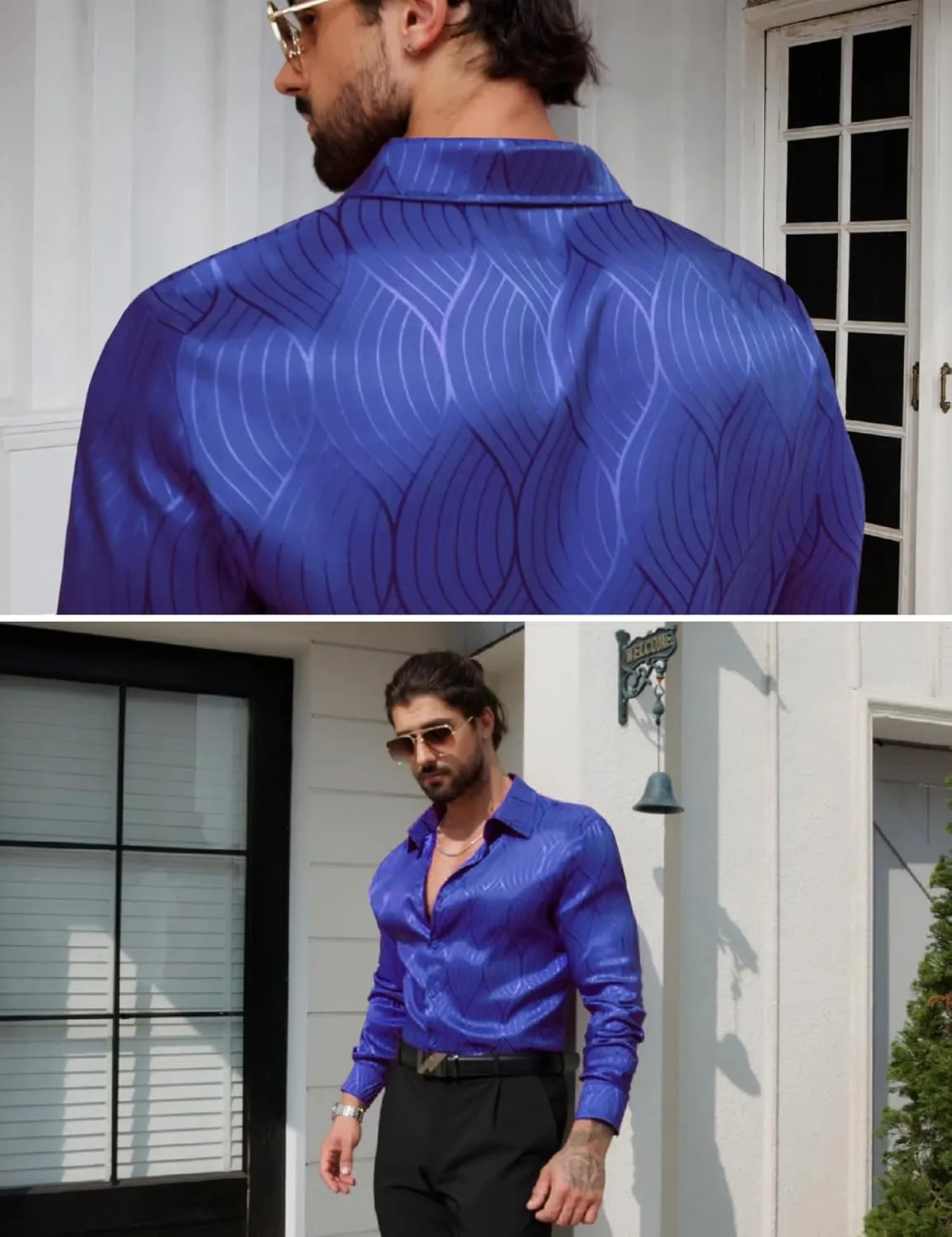 Men Metallic Satin Dress Shirt Luxury Jacquard Long Sleeve Casual Button Down Shirts Silk Shirts