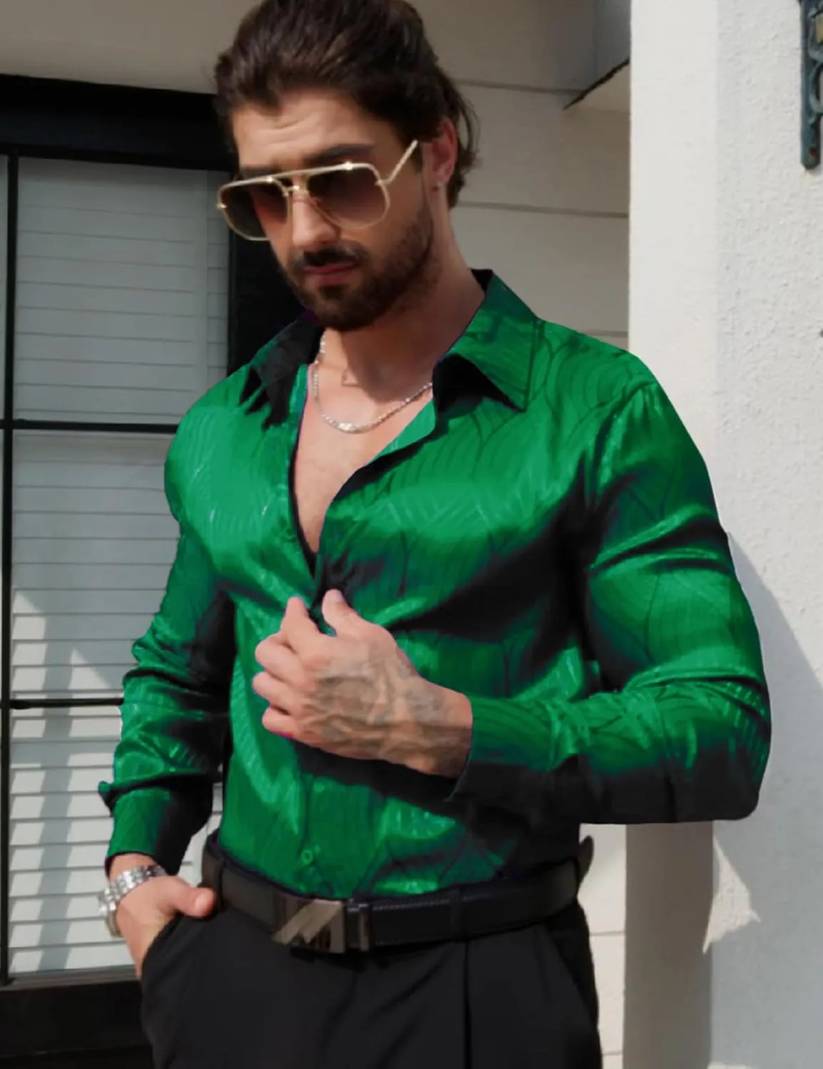 Men Metallic Satin Dress Shirt Luxury Jacquard Long Sleeve Casual Button Down Shirts Silk Shirts