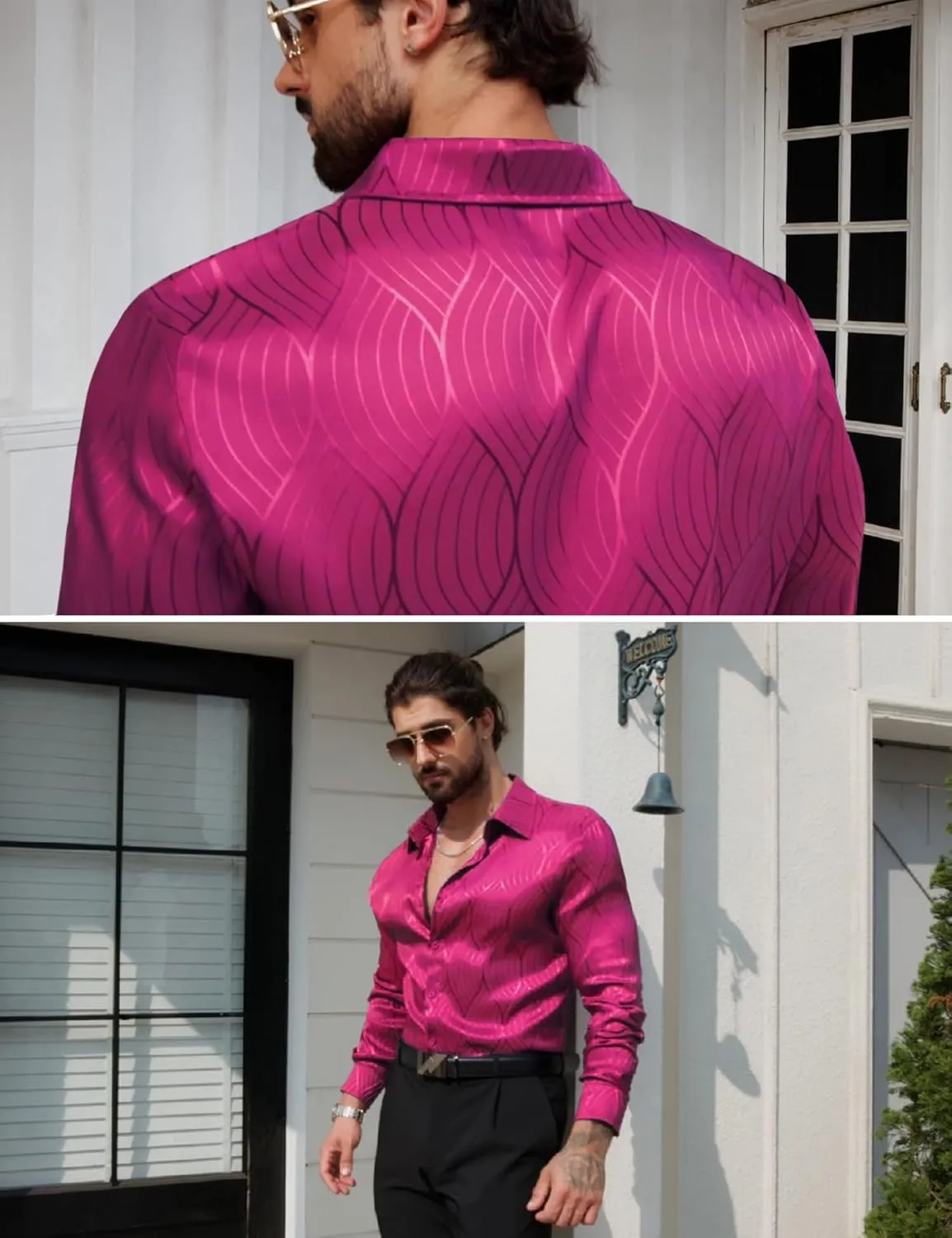 Men Metallic Satin Dress Shirt Luxury Jacquard Long Sleeve Casual Button Down Shirts Silk Shirts