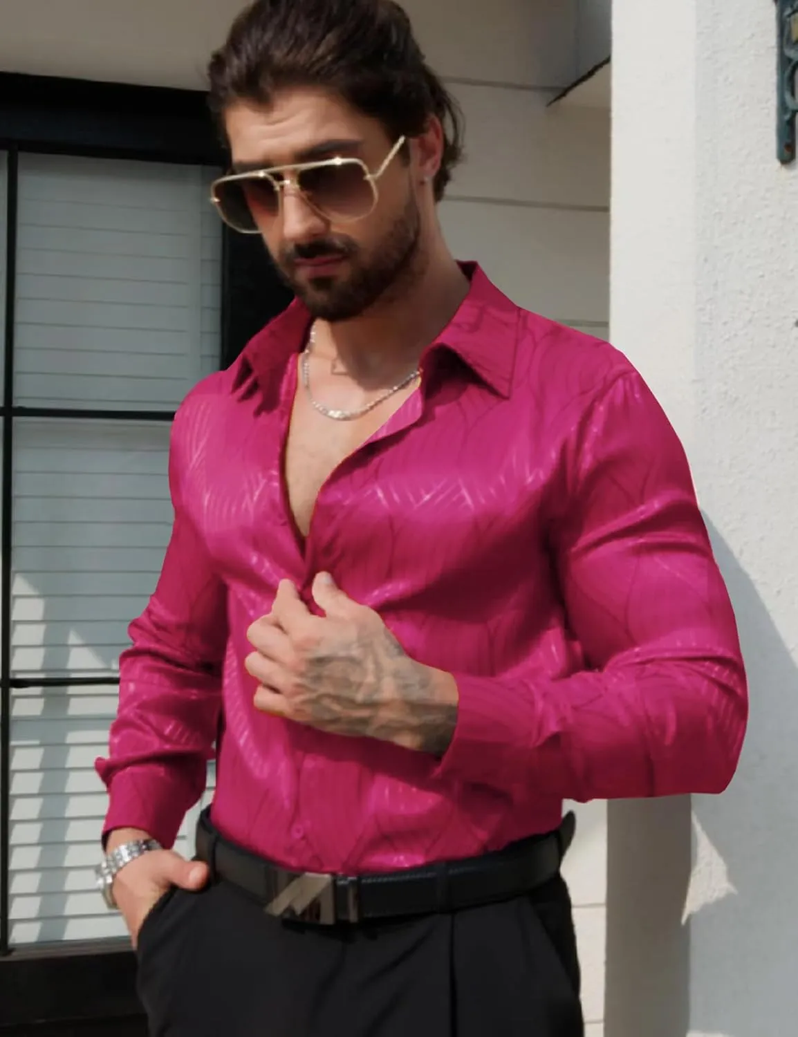 Men Metallic Satin Dress Shirt Luxury Jacquard Long Sleeve Casual Button Down Shirts Silk Shirts