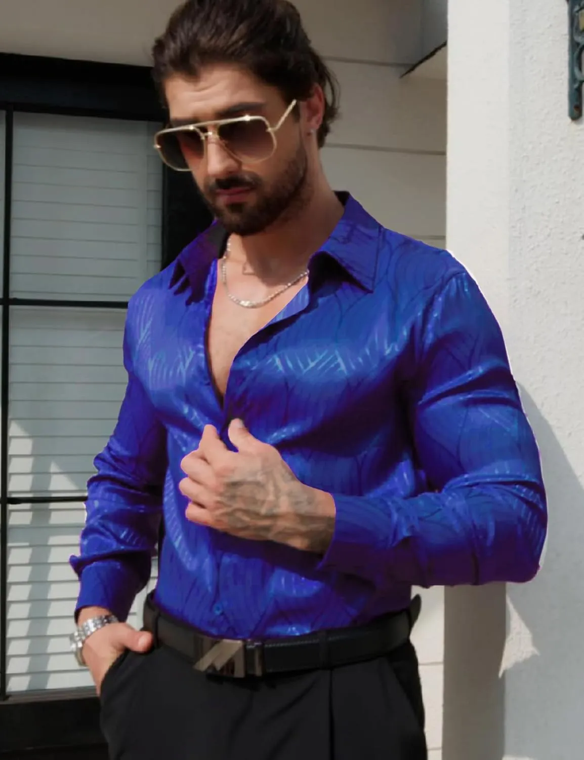 Men Metallic Satin Dress Shirt Luxury Jacquard Long Sleeve Casual Button Down Shirts Silk Shirts