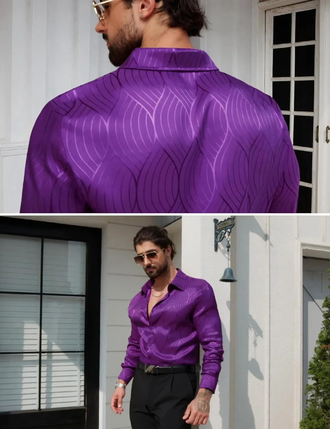 Men Metallic Satin Dress Shirt Luxury Jacquard Long Sleeve Casual Button Down Shirts Silk Shirts