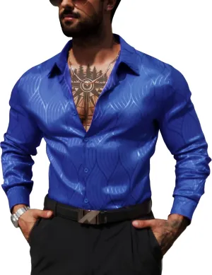Men Metallic Satin Dress Shirt Luxury Jacquard Long Sleeve Casual Button Down Shirts Silk Shirts