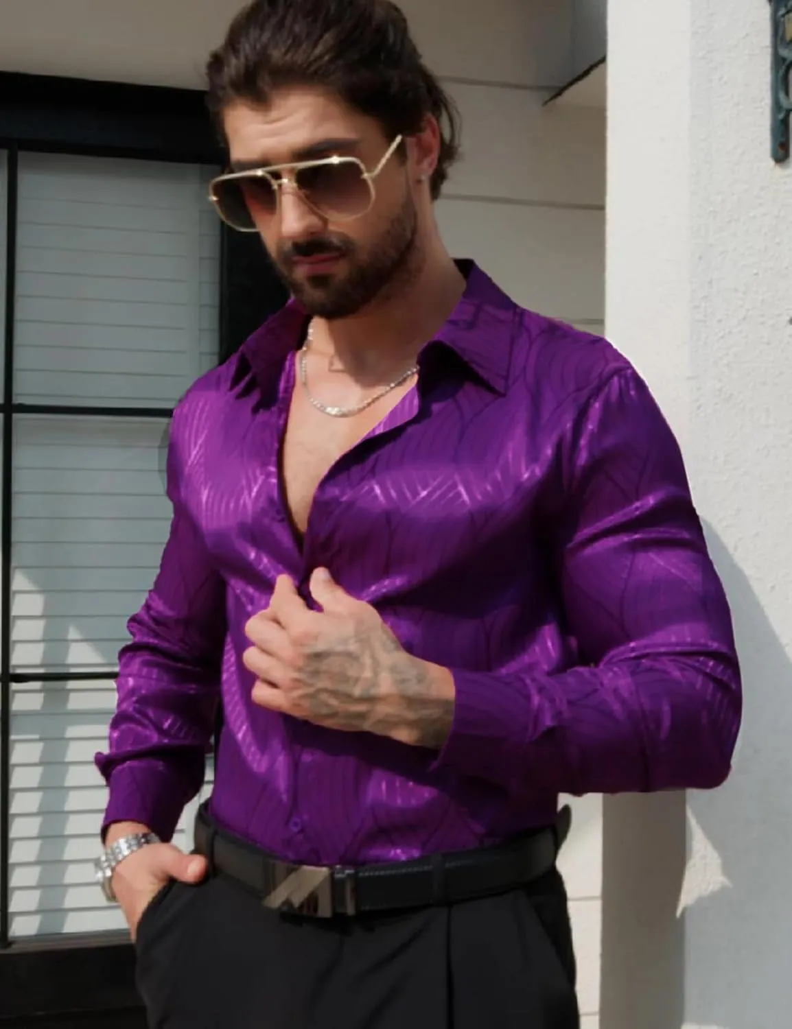 Men Metallic Satin Dress Shirt Luxury Jacquard Long Sleeve Casual Button Down Shirts Silk Shirts