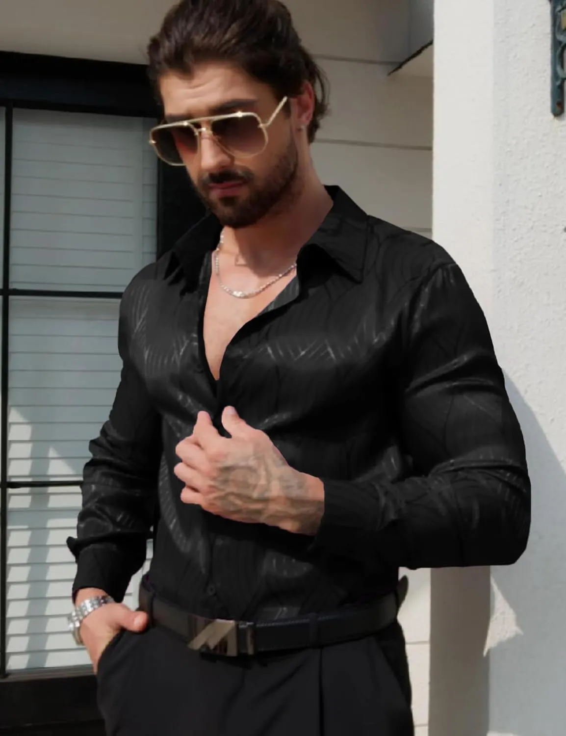 Men Metallic Satin Dress Shirt Luxury Jacquard Long Sleeve Casual Button Down Shirts Silk Shirts