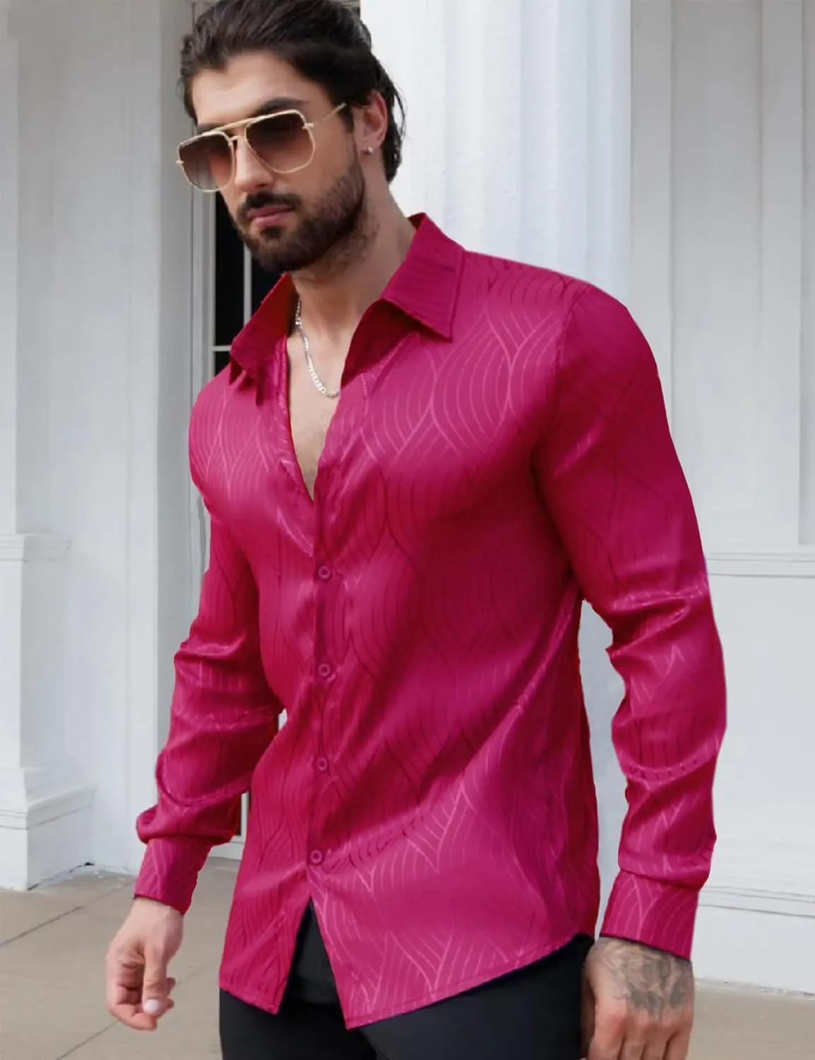 Men Metallic Satin Dress Shirt Luxury Jacquard Long Sleeve Casual Button Down Shirts Silk Shirts